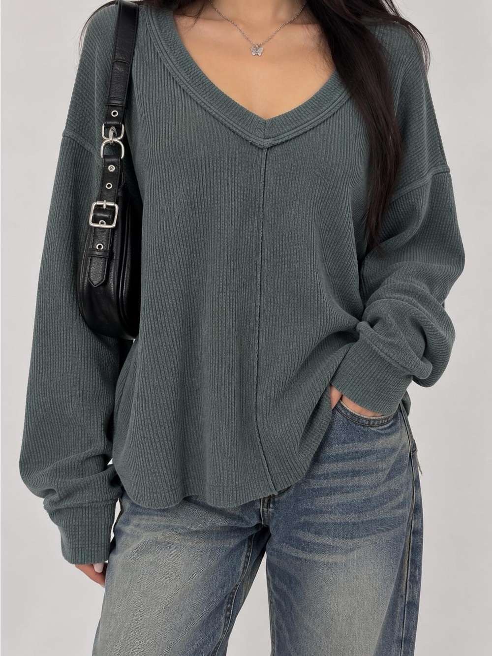 Aerie Greenish Gray Waffle Knit Oversized V-Neck Long Sleeve Top M